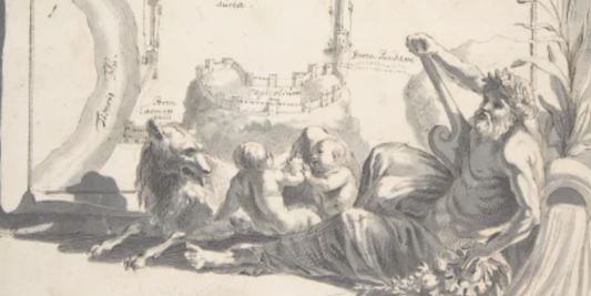 Mappe dell'antica Roma con dio fluviale e Romolo e Remo di Jan Goeree: magia della mitologia