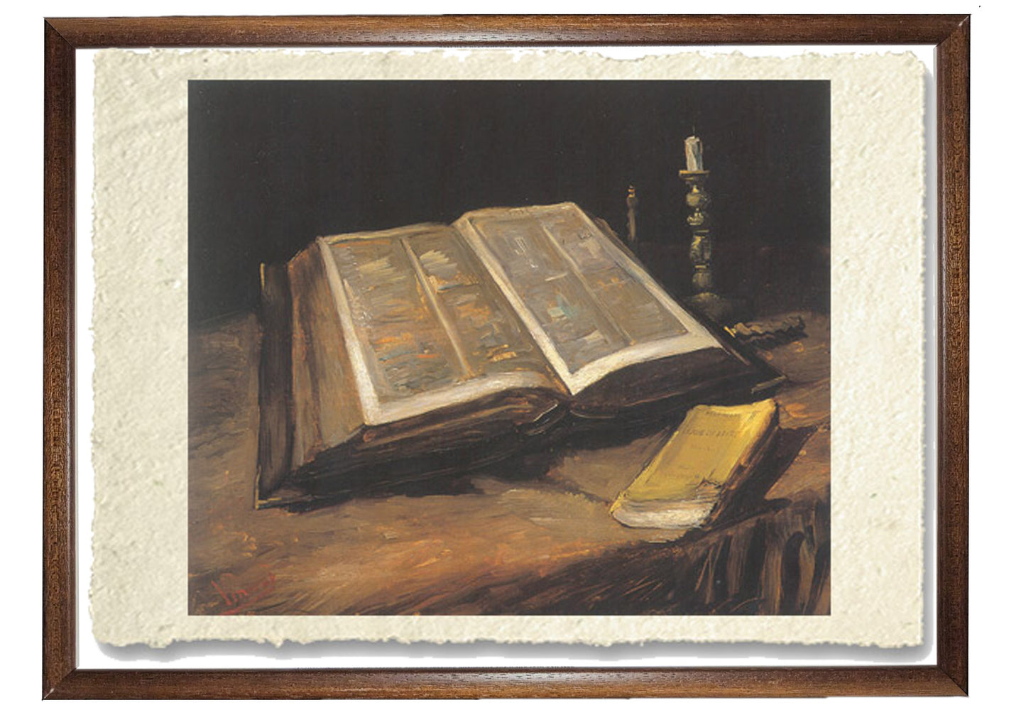 Open Bible with candlestick and novel, Van Gogh. Reproduction