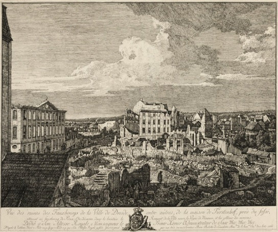 Le rovine del sobborgo di Pirnaischer con il Palais Fürstenhof - Bernardo Bellotto