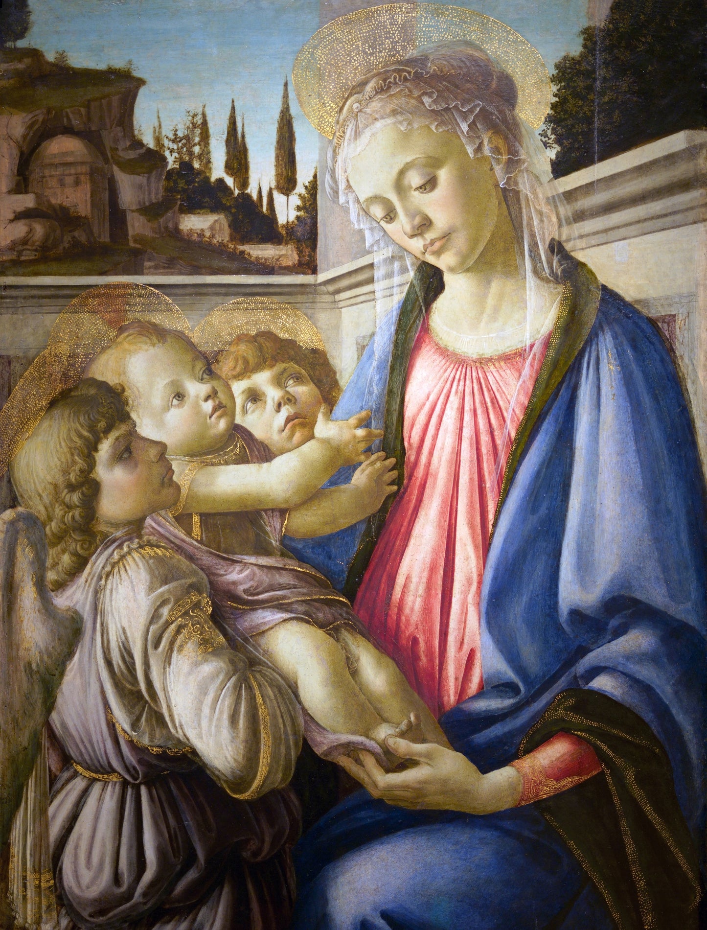 La Madonna con il Bambino e due angeli 1468 di Sandro Botticelli su pregiata carta Amalfi