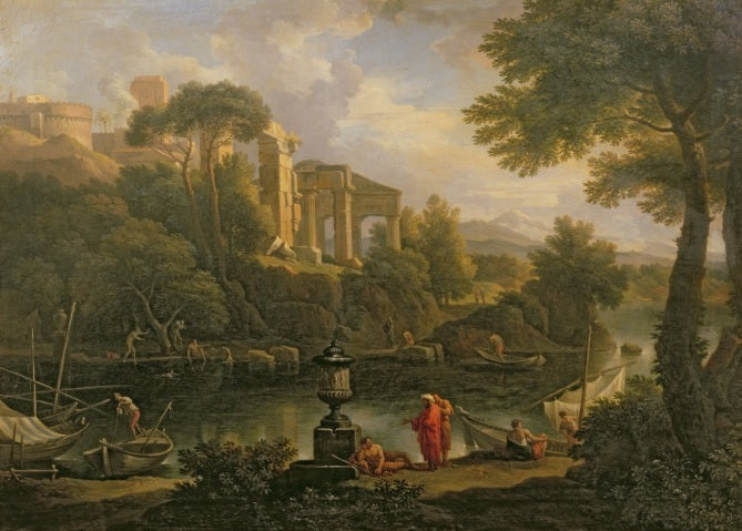 Paesaggio con figure vicino a una piscina con rovine sullo sfondo - Jan Frans van Bloemen