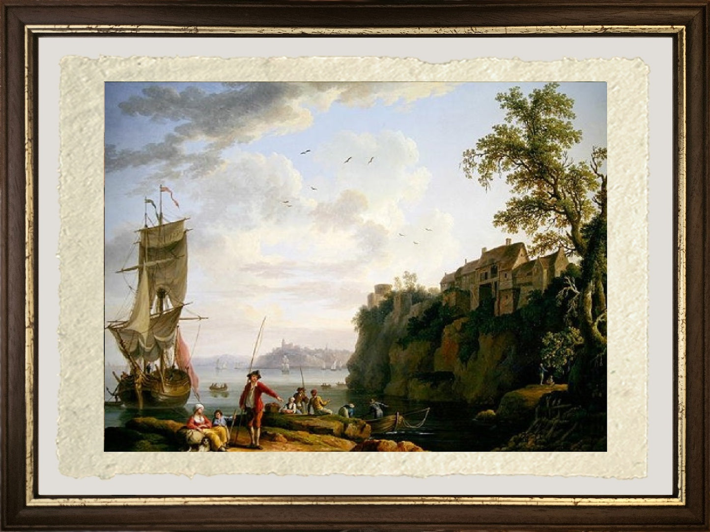 Pescatori vicino a una nave ormeggiata con un villaggio - Jakob-Philipp Hackert