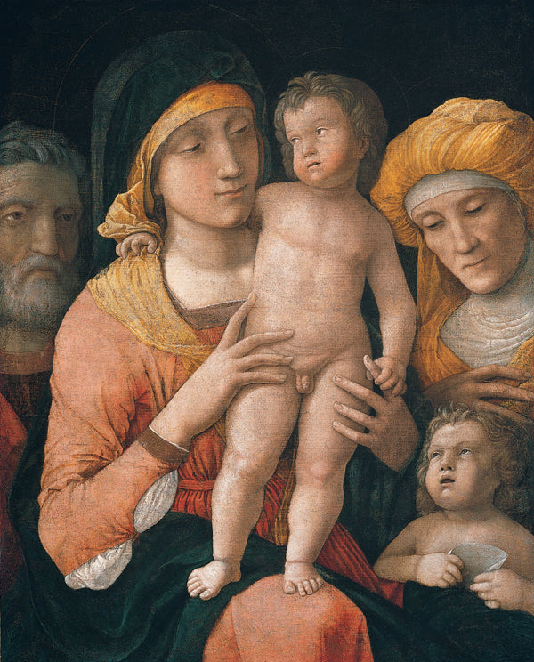 Sacra Famiglia con i santi Elisabetta e Giovanni Battista di Andrea Mantegna su pregiata carta Amalfi