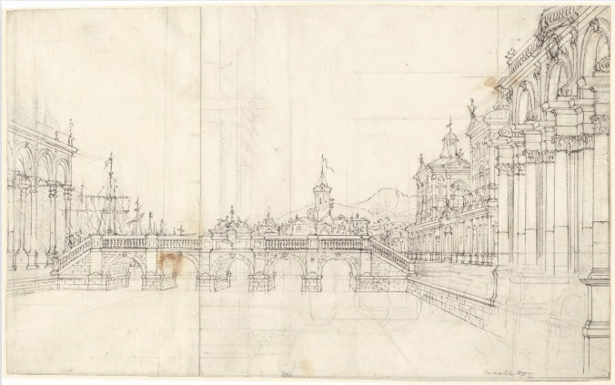 A capriccio of palaces and a loggia facing a classical bridge - Bernardo Bellotto