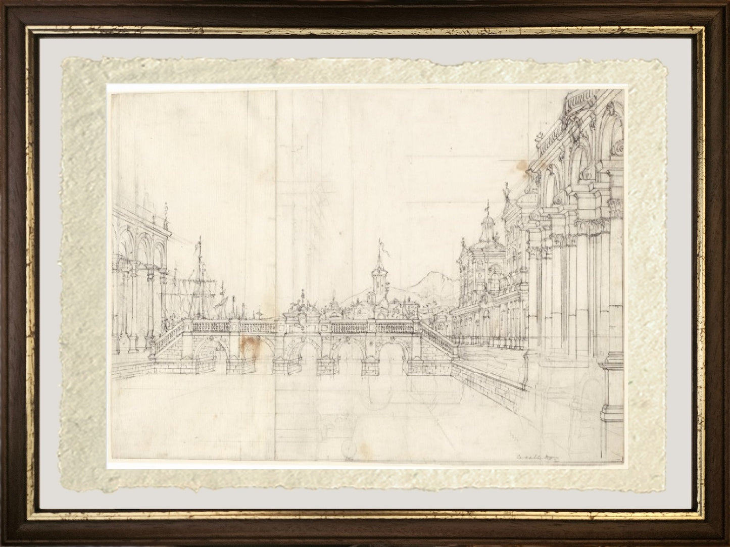 A capriccio of palaces and a loggia facing a classical bridge - Bernardo Bellotto