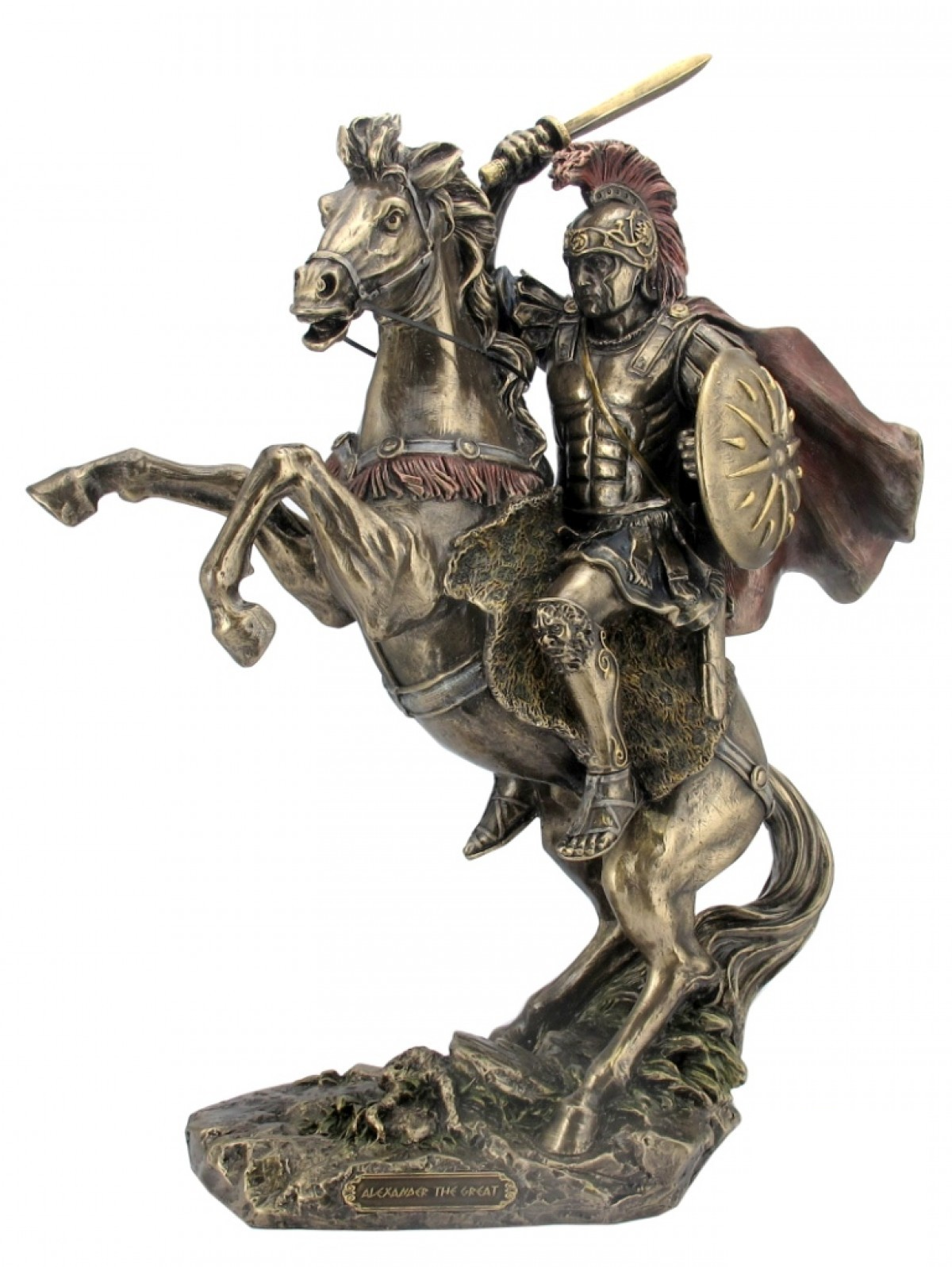 Alessandro Magno a cavallo con spada e scudo - Statua in Resina Bronzata