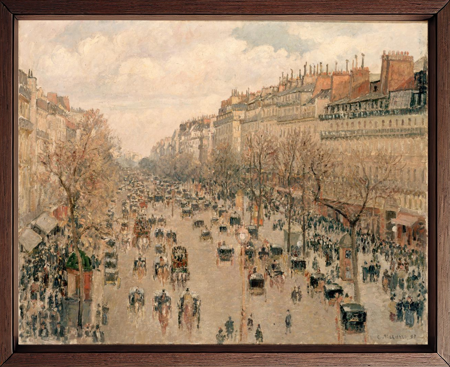 The Boulevard Montmartre, sun effect at sunset by Camille Pissarro