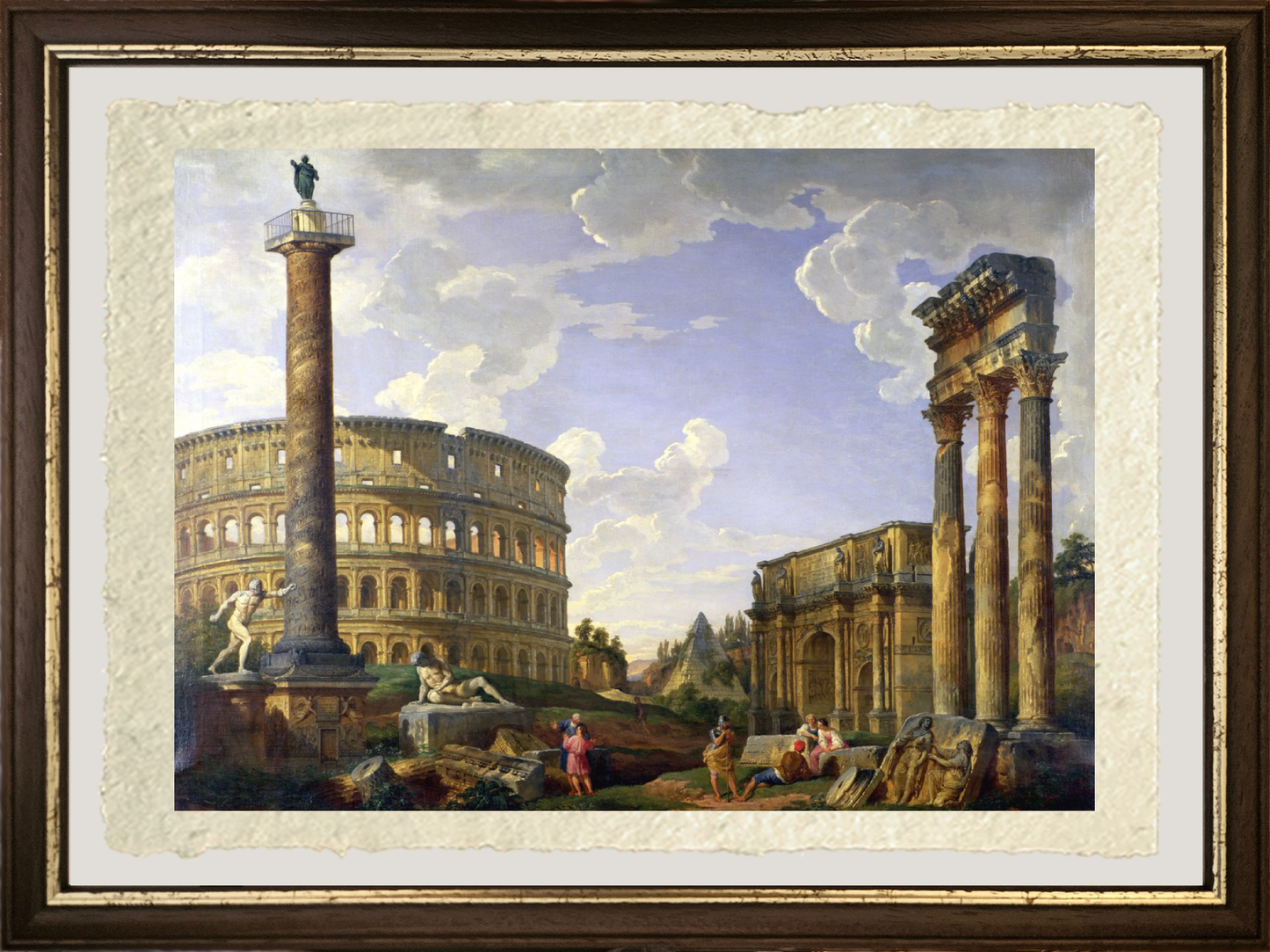 Capriccio romano che mostra il Colosseo, il Guerriero Borghese, la Colonna Traiana, il Galata morente, la Tomba di Cestio, l'Arco di Costantino e il Tempio di Castore e Polluce di Giovanni Paolo Pannini