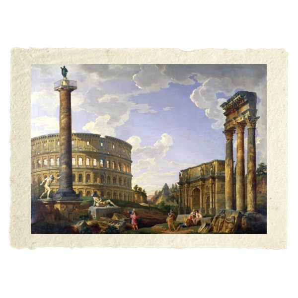 Capriccio romano che mostra il Colosseo, il Guerriero Borghese, la Colonna Traiana, il Galata morente, la Tomba di Cestio, l'Arco di Costantino e il Tempio di Castore e Polluce di Giovanni Paolo Pannini