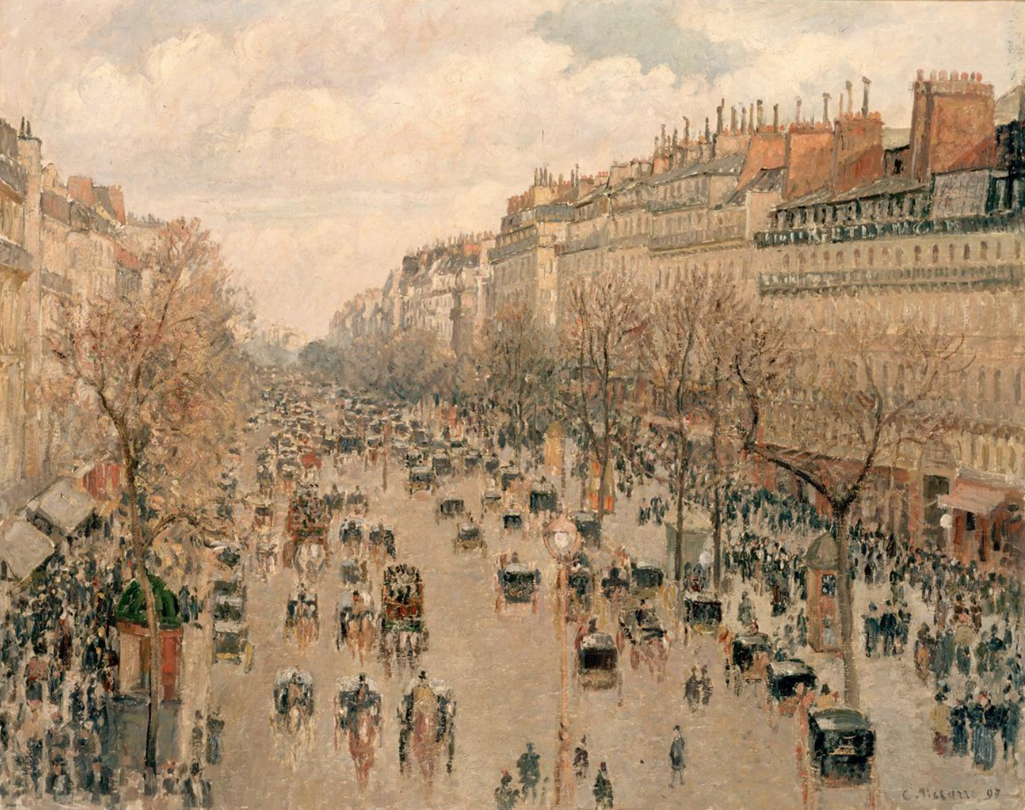 Boulevard Montmartre, effetto di sole al tramonto di Camille Pissarro su pregiata carta Amalfi