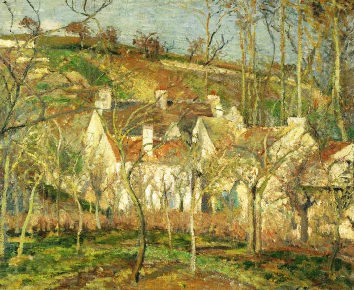 I tetti rossi, angolo di un villaggio, effetto d'inverno di Camille Pissarro su pregiata carta Amalfi