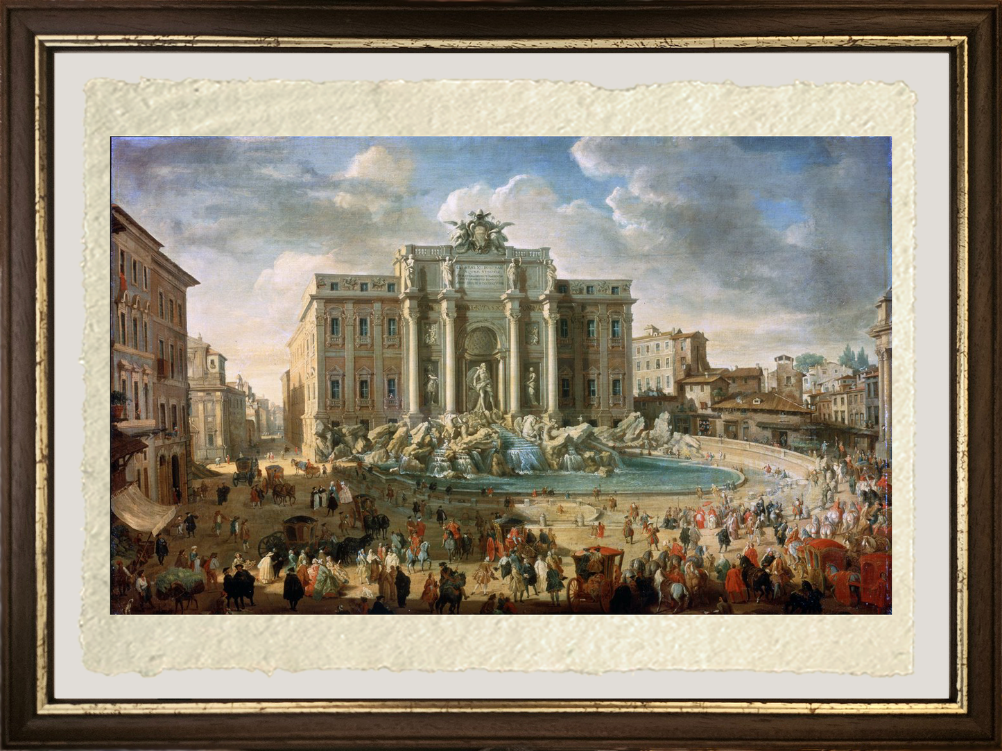 Fontana di Trevi a Roma papa Benedetto XIV di Giovanni Paolo Pannini con cornice marrone e carta amalfi