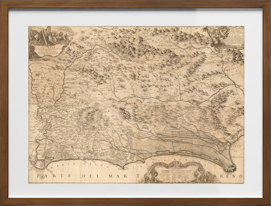 Mappa del Lazio nel 1693 con strade, casali e tenute di Giacomo Giovanni Rossi