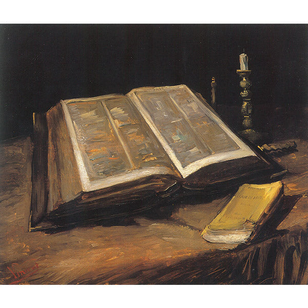 Open Bible with candlestick and novel, Van Gogh. Reproduction