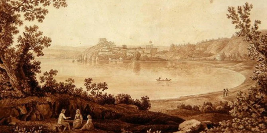 La bellezza del paesaggio laziale settecentesco riflessa in Lago di Bracciano di Hackert