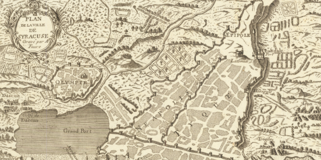 Pianta dell'antica città di Siracusa di Joannem Faure: esempio di vertice tecnico ed estetico della cartografia francese Settecentesca