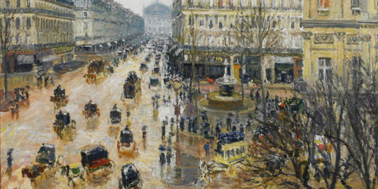 Place du Théâtre Français, pioggia di Camille Pissarro: fotografia della vita parigina sotto la pioggia
