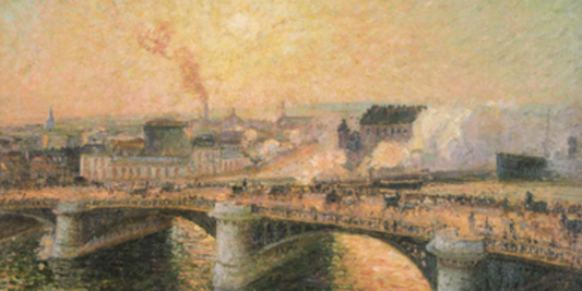 Il Ponte Boieldieu a Rouen, sole al tramonto, tempo brumoso di Camille Pissarro: uno scorcio di vita urbana nella città industriale di Rouen