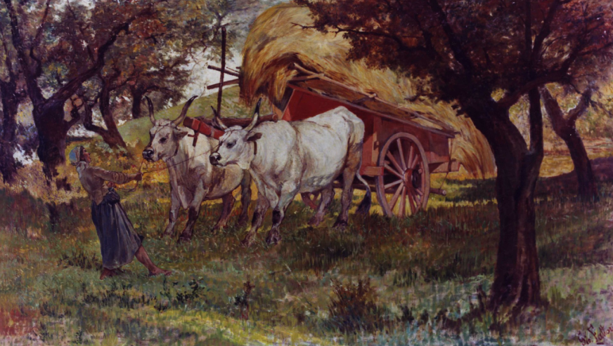 Buoi al carro, carro rosso di Giovanni Fattori su pregiata carta Amalfi