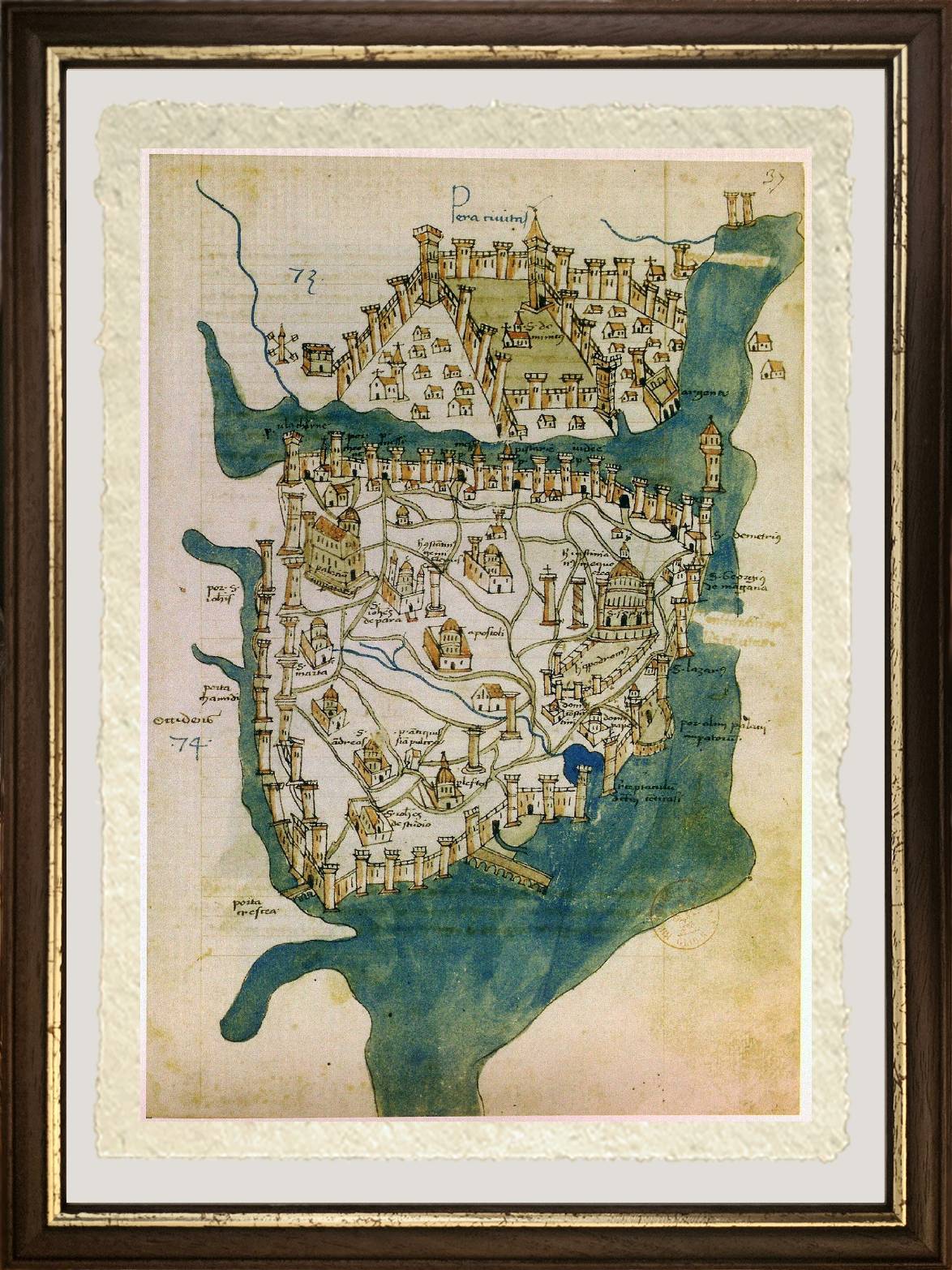 Ancient map of Constantinople created by Buondelmonti in 1475