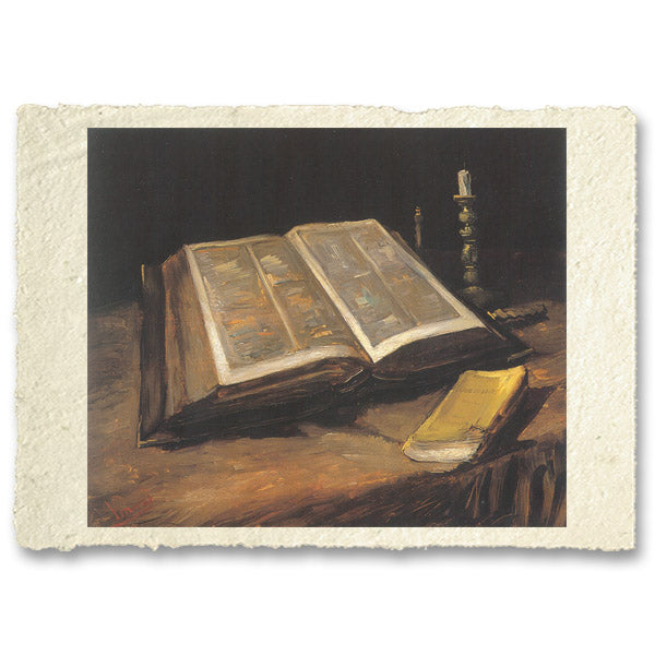 Bibbia aperta con candeliere e romanzo, Van Gogh. Riproduzione