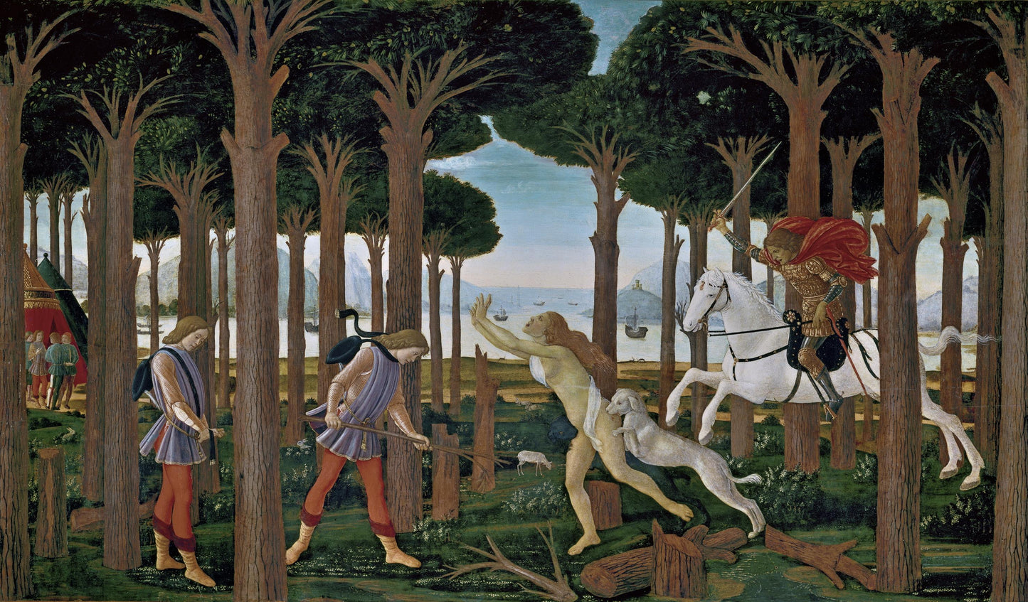 Nastagio incontra la donna e il cavaliere nella pineta di Ravenna - Sandro Botticelli su carta Amalfi