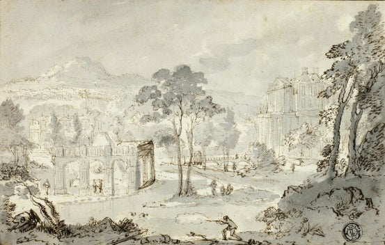 Hunter with Dog, Other Figures in a Landscape with a Villa, Canal, and Pyramid - Gaspare Vanvitelli - Gaspar van Wittel