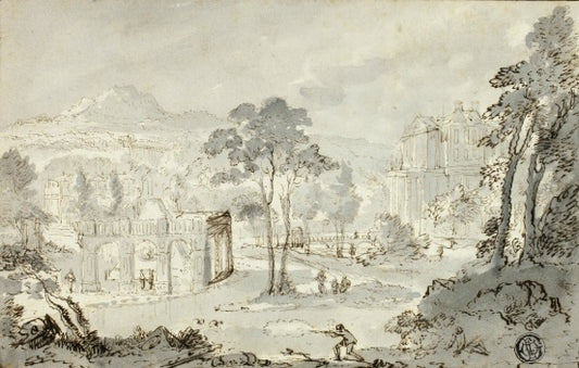 Hunter with Dog, Other Figures in a Landscape with a Villa, Canal, and Pyramid - Gaspare Vanvitelli - Gaspar van Wittel