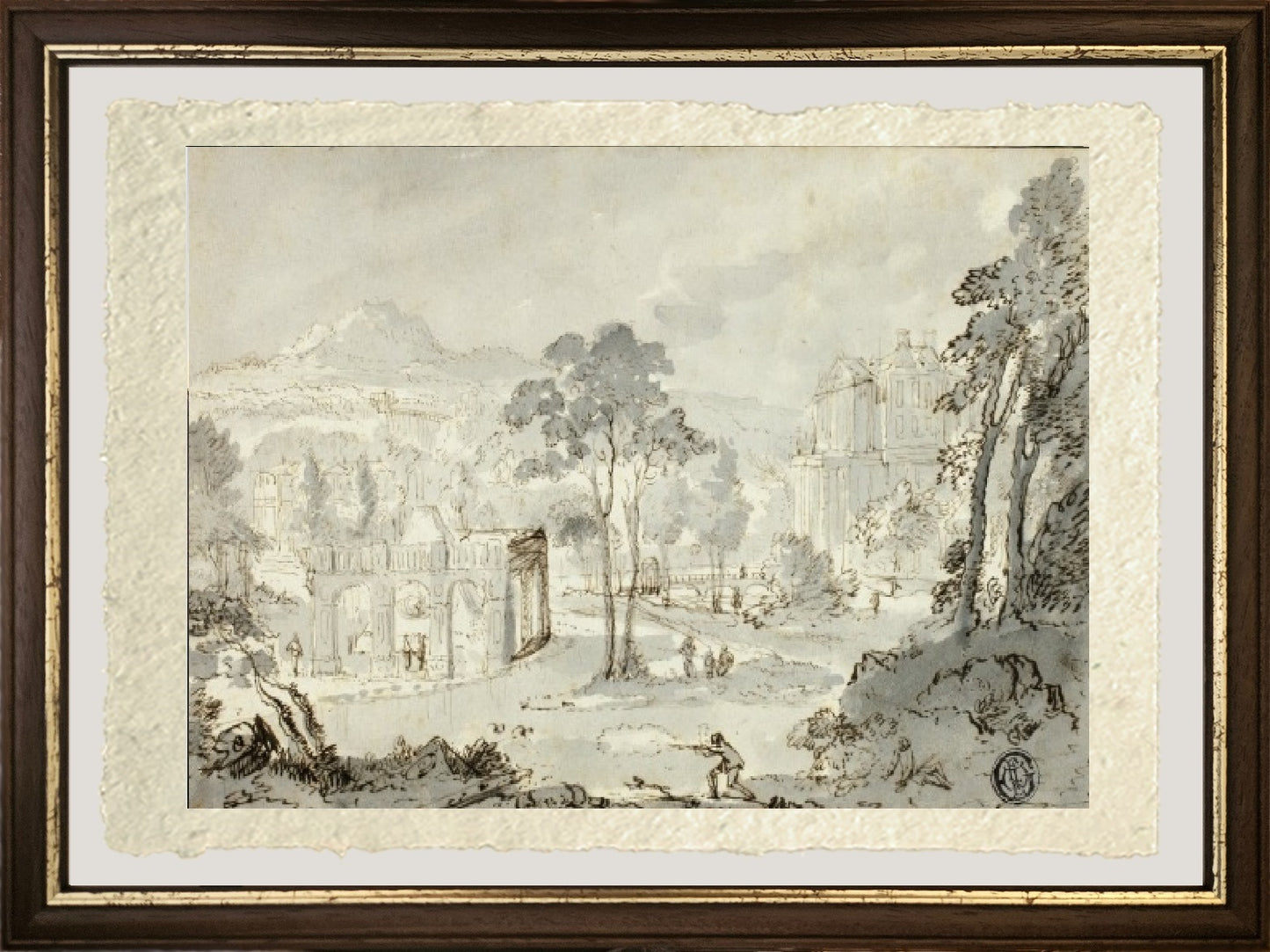 Hunter with Dog, Other Figures in a Landscape with a Villa, Canal, and Pyramid - Gaspare Vanvitelli - Gaspar van Wittel