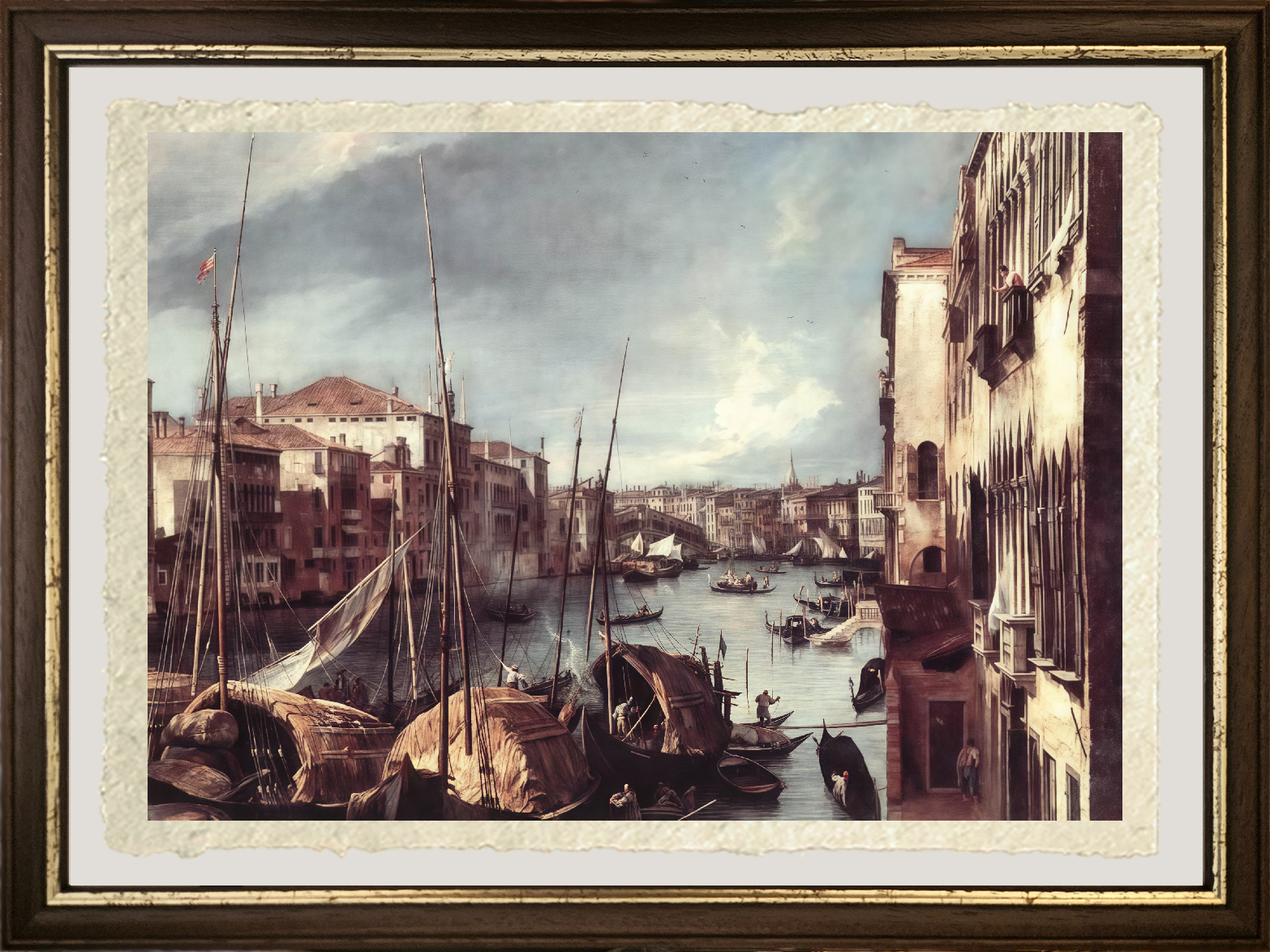 Dettaglio de Il Canal Grande con il Ponte di Rialto sullo Sfondo di Giovanni Antonio Canal detto Canaletto su carta Amalfi