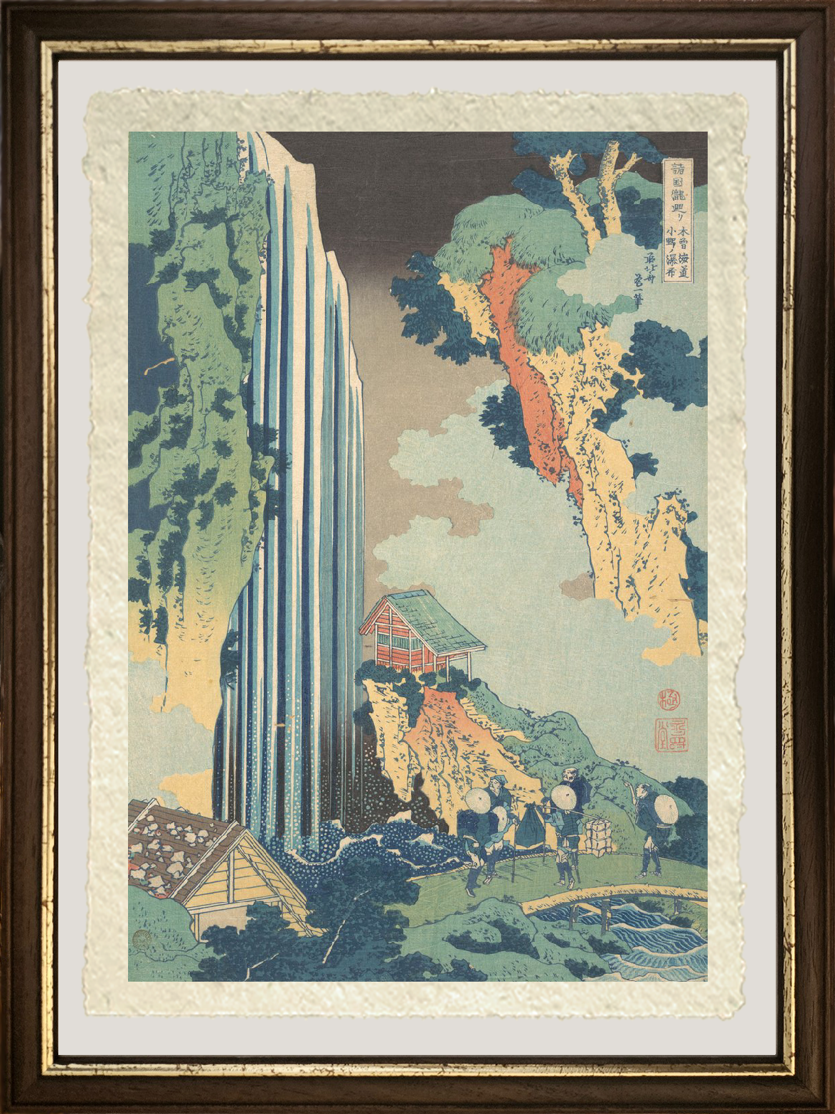 Dettaglio di Cascata di Ono sul Kisokaido di Katsushika Hokusai su carta Amalfi