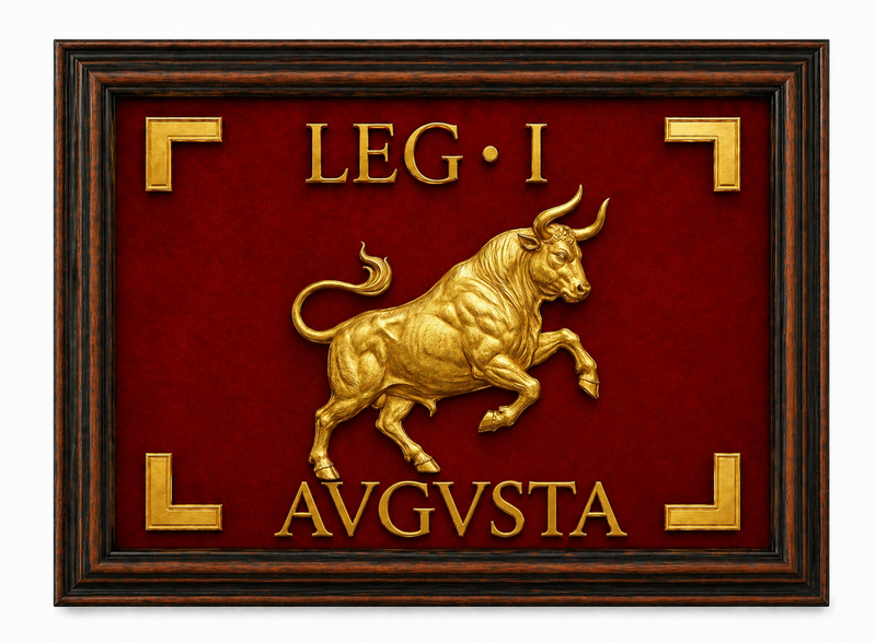 Vessillo romano della Legio I Augusta con toro dorato su fondo rosso e cornice in legno