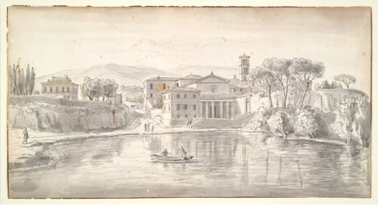 Chiesa e case lungo un fiume - Gaspare Vanvitelli - Gaspar van Wittel
