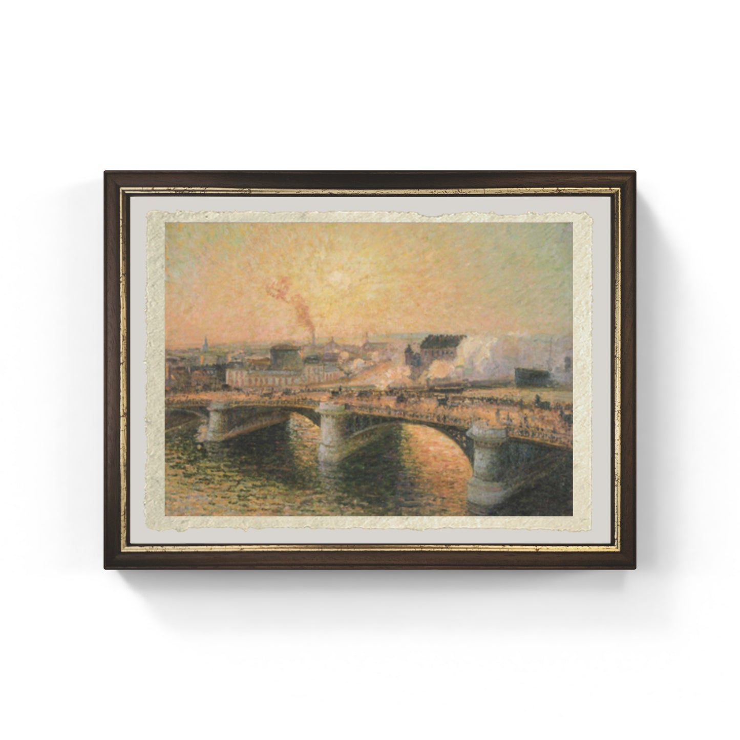 Il Ponte Boieldieu a Rouen, sole al tramonto, tempo brumoso di Camille Pissarro su pregiata carta Amalfi