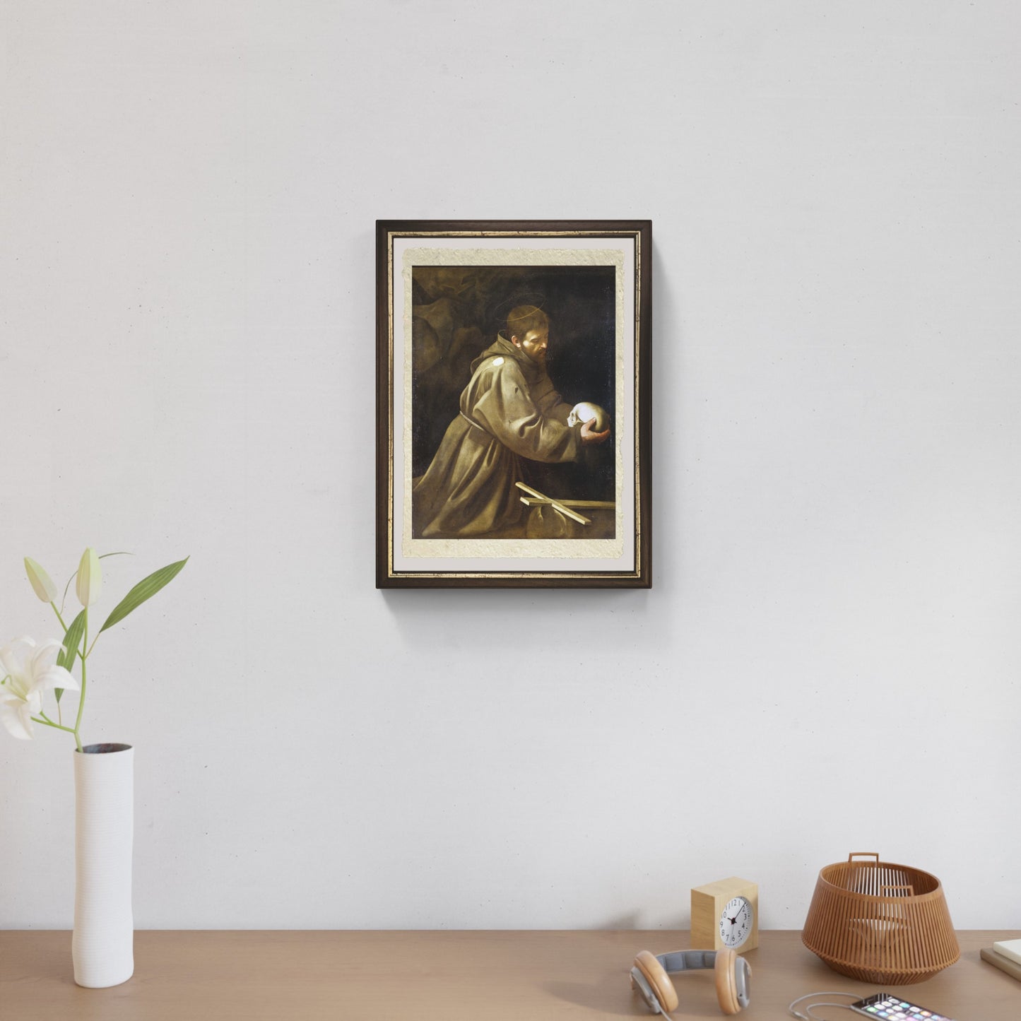 San Francesco in meditazione di Caravaggio su pregiata carta Amalfi