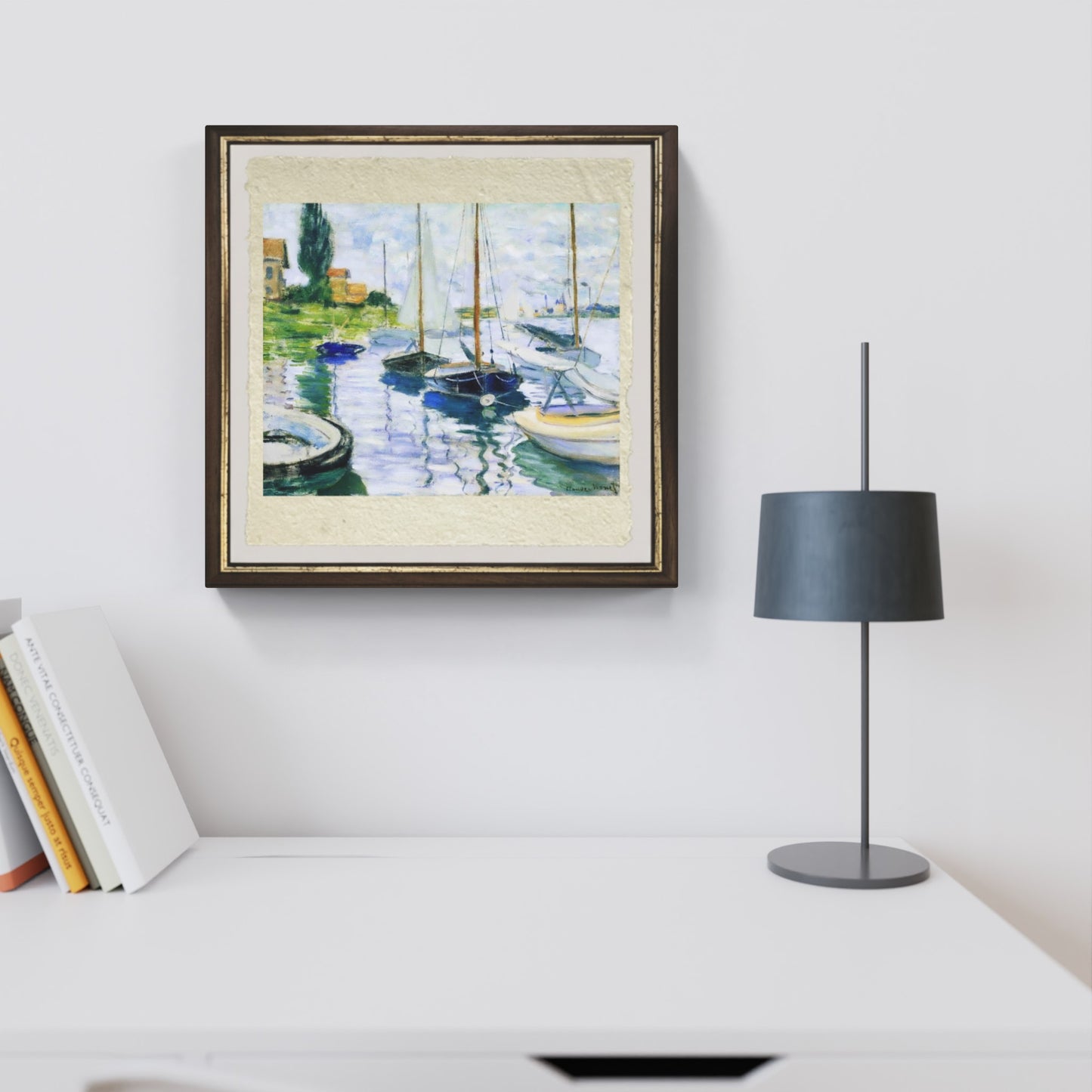 Boats on the Seine at Le Petite-Gennervilliers, painting by Claude Monet