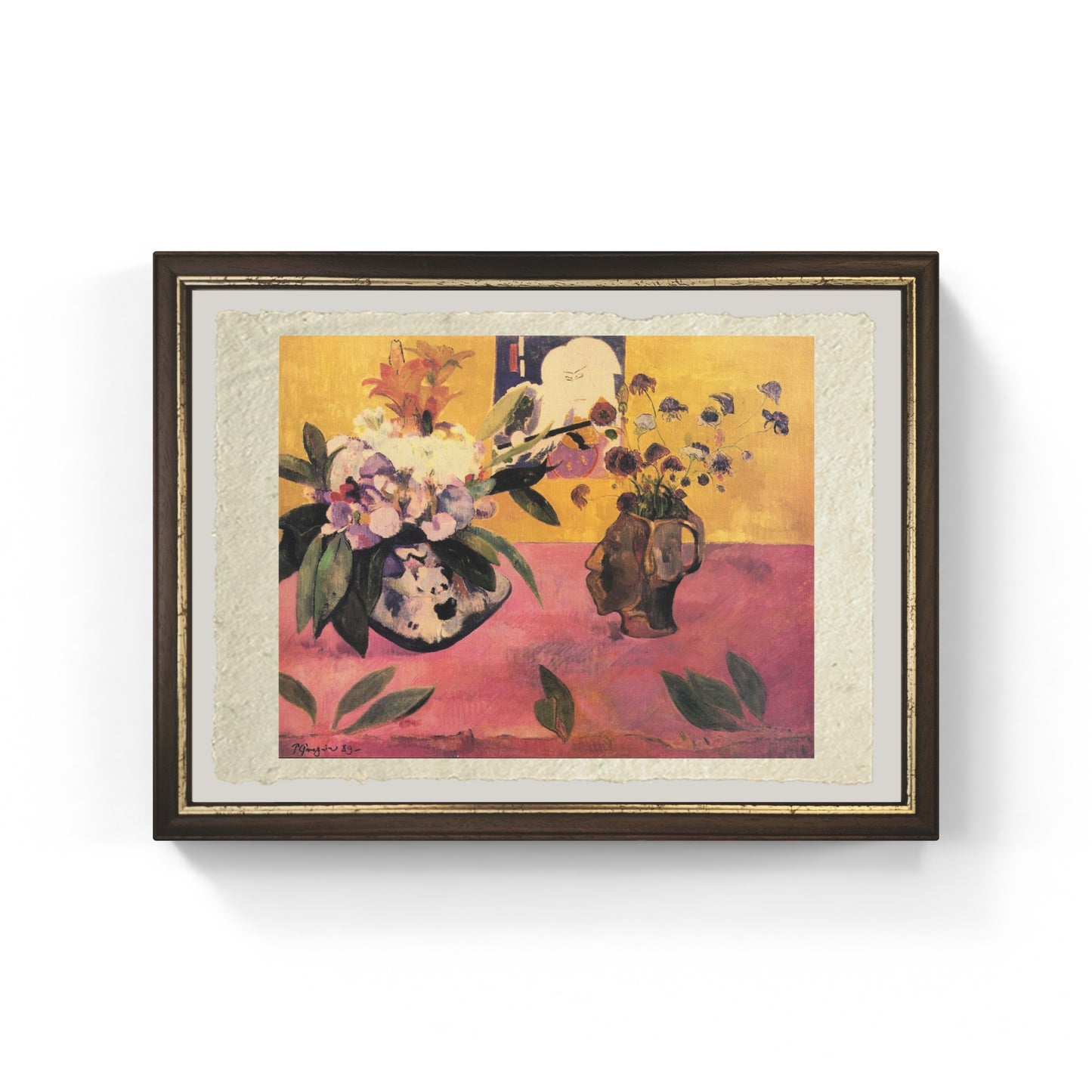 “Natura morta con vaso a forma di testa e xilografia giapponese di Paul Gaugin su pregiata carta Amalfi