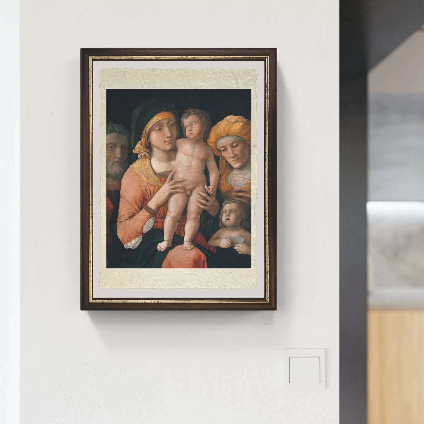 Sacra Famiglia con i santi Elisabetta e Giovanni Battista di Andrea Mantegna su pregiata carta Amalfi