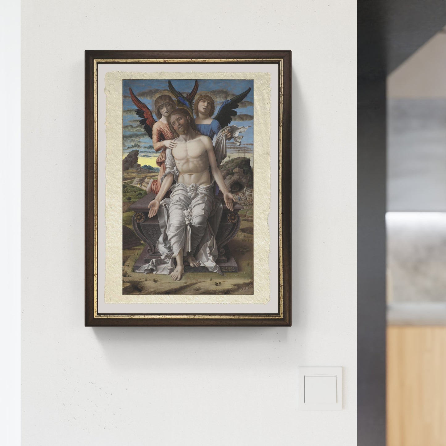 Cristo in pietà sorretto da due angeli di Andrea Mantegna su pregiata carta Amalfi