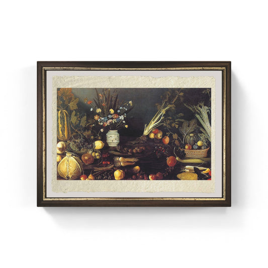 Vaso di fiori, frutta e ortaggi di Maestro di Hartford su pregiata carta Amalfi
