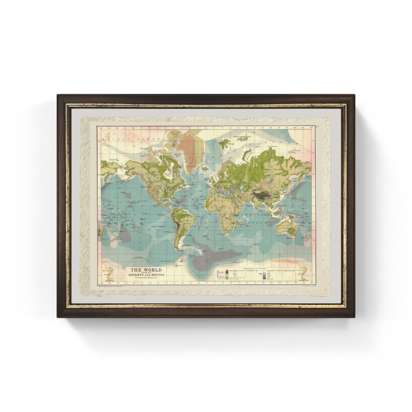 World map with heights and depths - 1902