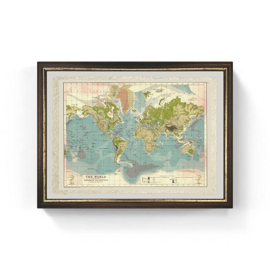 World map with heights and depths - 1902
