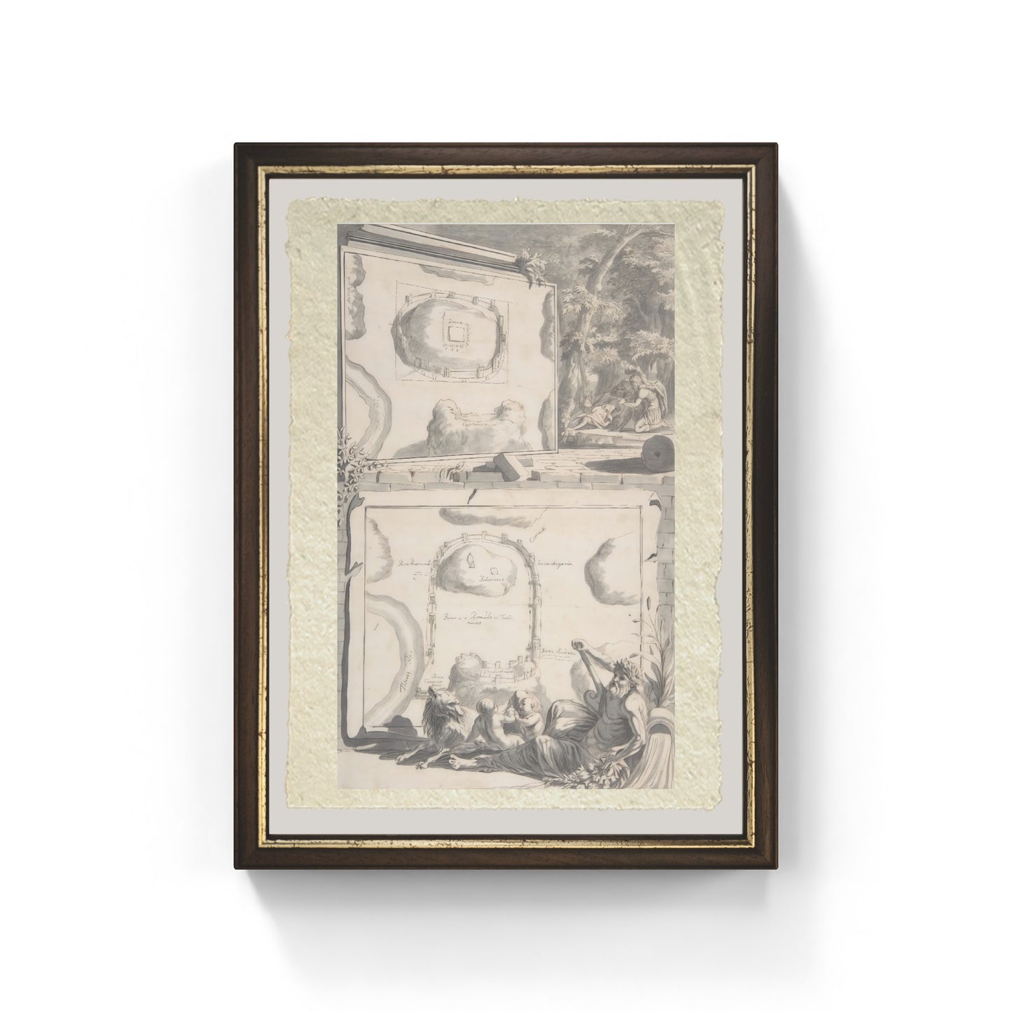 Maps of ancient Rome with river god and Romulus and Remus by Jan Goeree