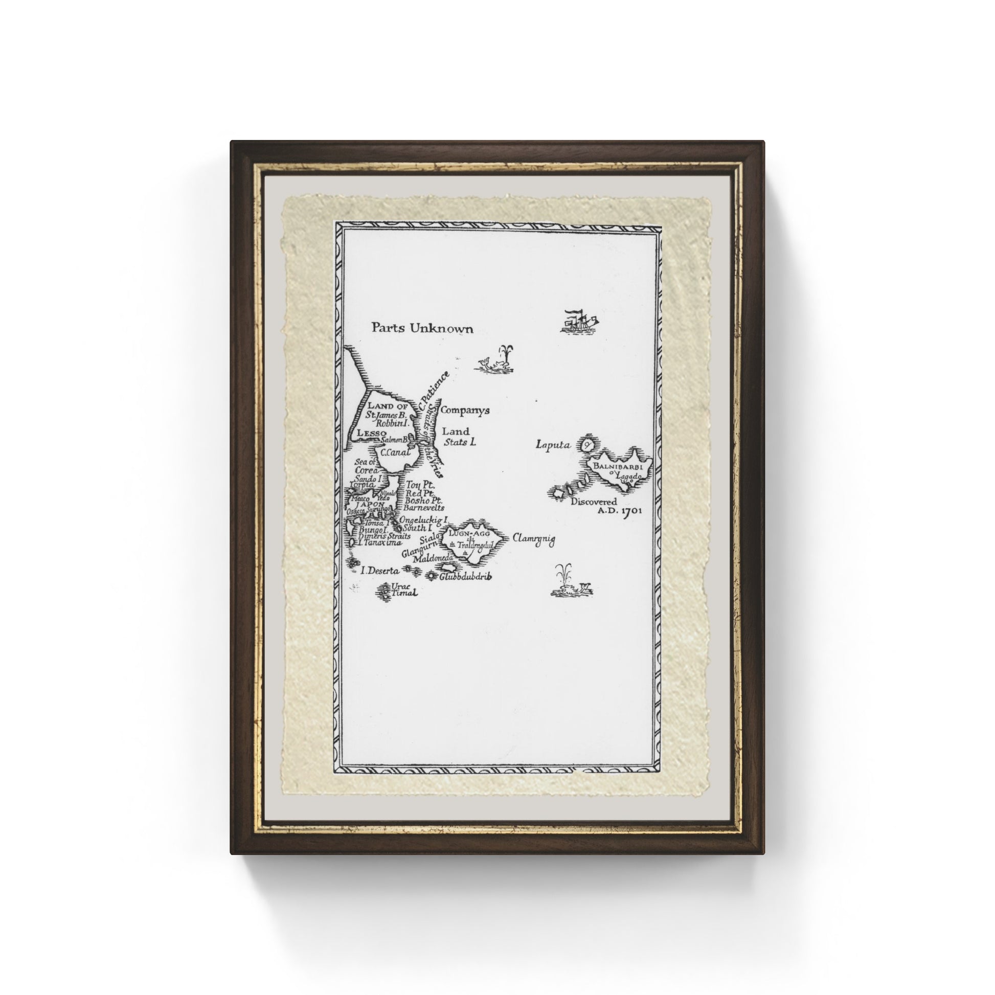 Mappa di Laputa, Balnibari, Luggnagg, Glubbdubdrib e Giappone, illustrazione dalla prima edizione di 'I viaggi di Gulliver' di Jonathan Swift