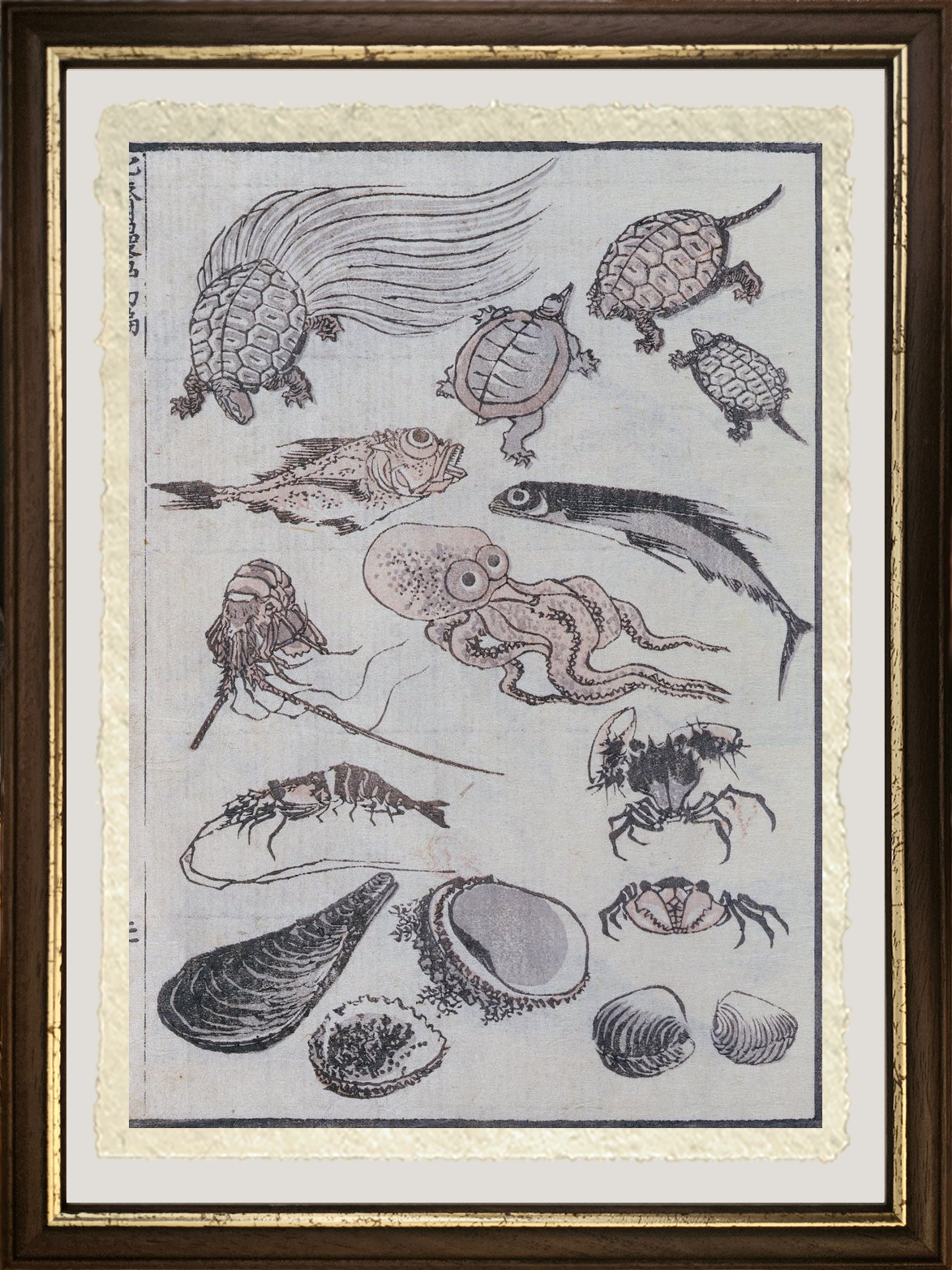 Dettaglio creature sottomarine di Katsushika Hokusai su carta Amalfi