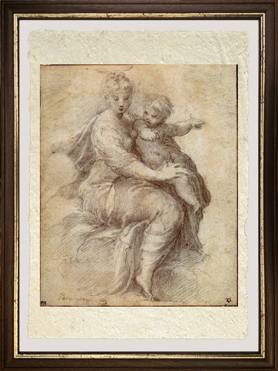 Dettaglio di Madonna e Bambino sulle nuvole di Parmigianino su carta Amalfi