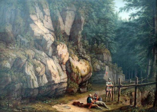 Due guerrieri in un paesaggio di alberi e rocce - Jakob-Philipp Hackert
