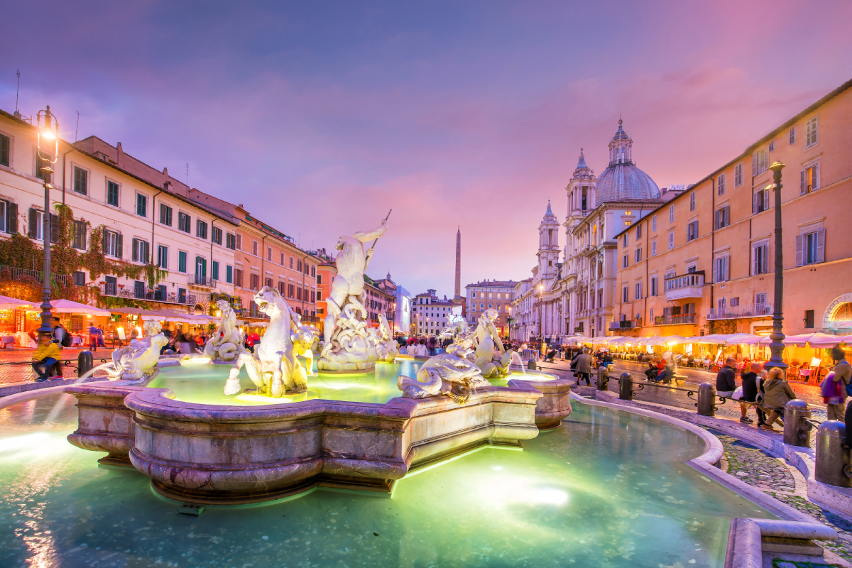 Fountain of the Four Rivers at sunset, Rome