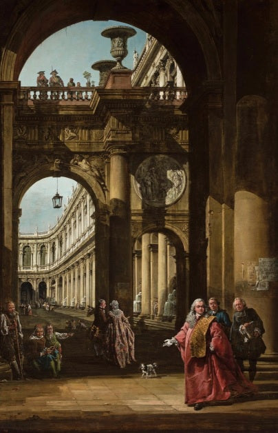 Architectural fantasy with Venetian nobleman and self-portrait by Bernardo Bellotto