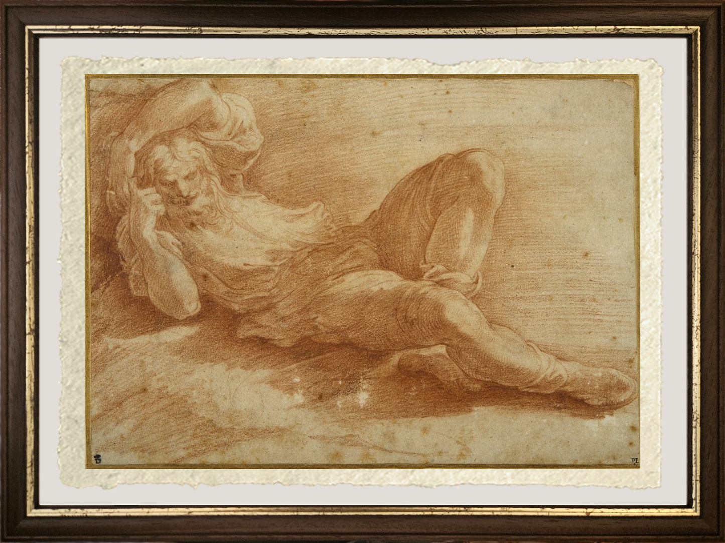 Dettaglio di Figura barbuta dormiente di Parmigianino su carta Amalfi